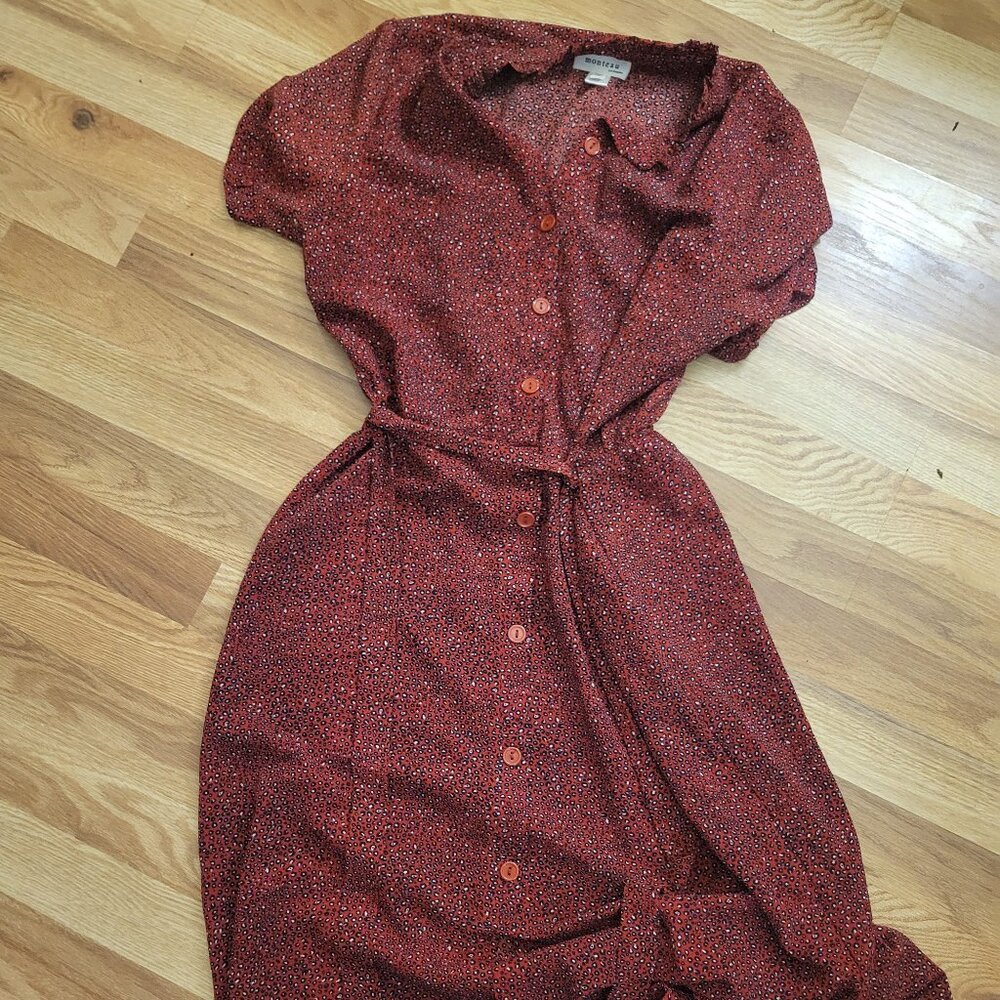 Monteau Los Angeles Rust Ditsy Print Button Front Midi Dress Tie Waist L